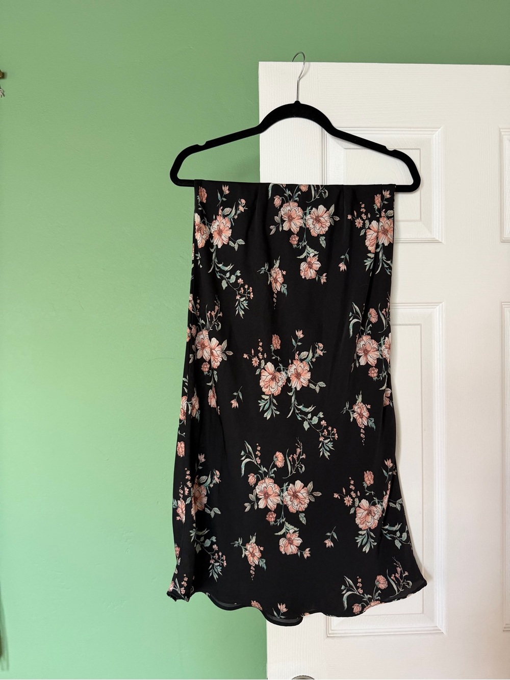 Black Floral Midi Skirt with Pink Blossoms